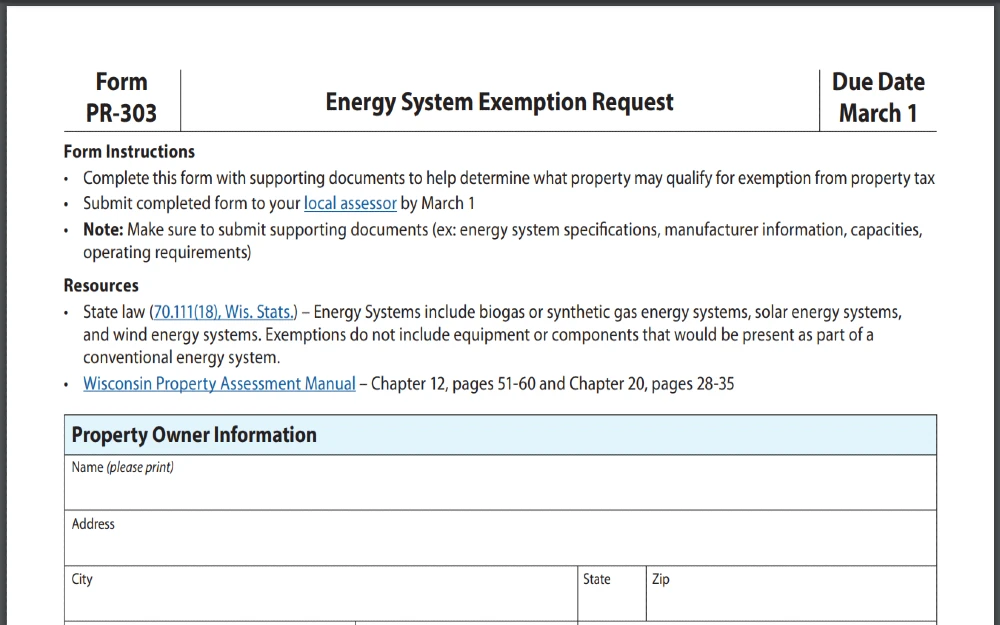 Screenshot of State of Wisconsin for Department of Revenue showing a PDF copy of Form PR-303 (Energy System Exemption Request).