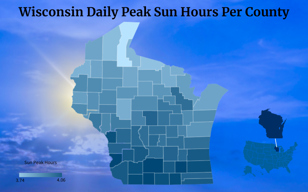 Graphic that shows the daily peak sun hours per county in Wisconsin.